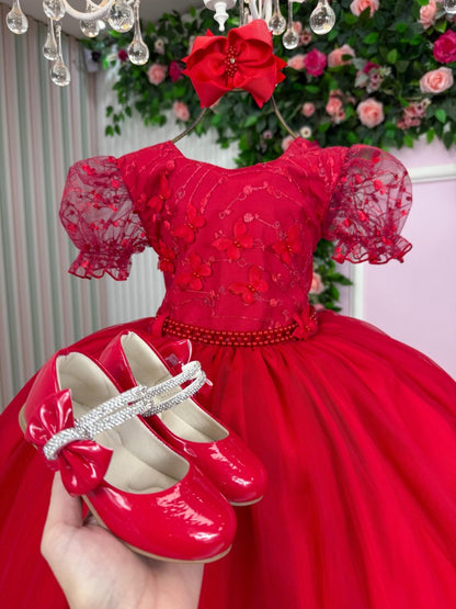 Vestido Infantil Vermelho em Tafetá com Gola Redonda e Saia Rodada para Festa de Aniversário