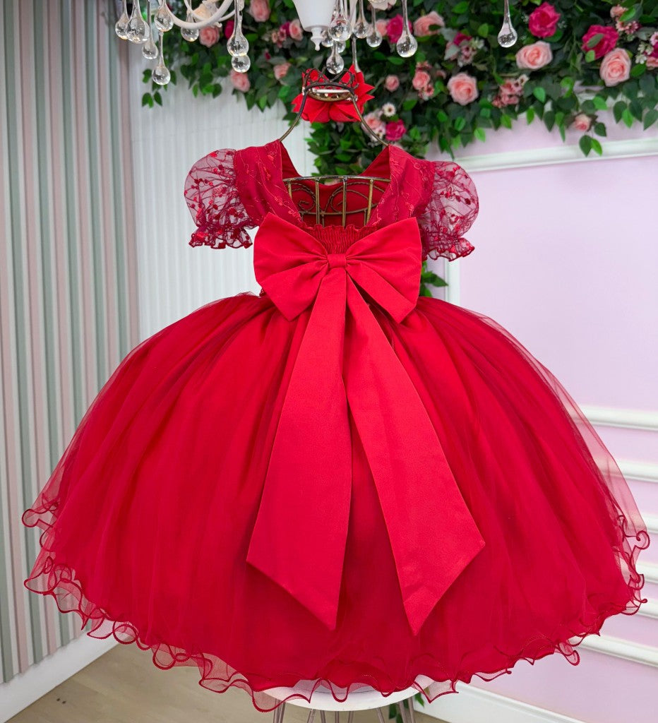 Vestido Infantil Vermelho em Tafetá com Gola Redonda e Saia Rodada para Festa de Aniversário