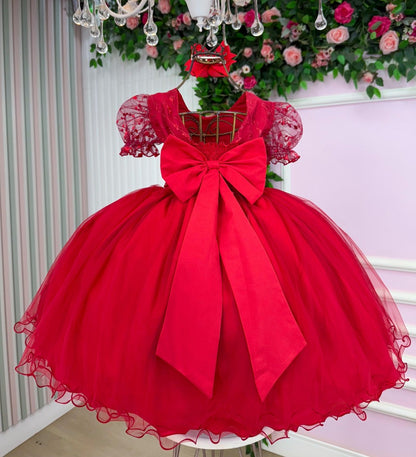 Vestido Infantil Vermelho em Tafetá com Gola Redonda e Saia Rodada para Festa de Aniversário