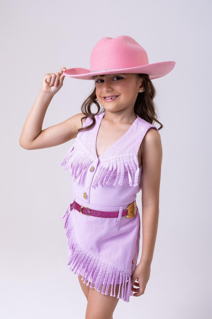 Conjunto Blogueirinha Boiadeira Jeans Lilás Fashion