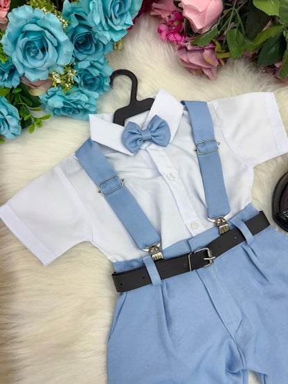 Conjunto Social Infantil Azul Claro em Microfibra com Gravata Preta e Suspensório para Pajem