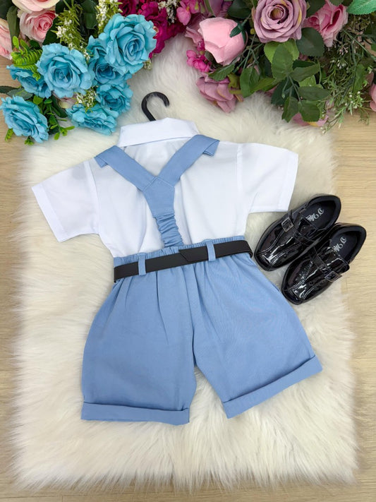 Conjunto Social Infantil Azul Claro em Microfibra com Gravata Preta e Suspensório para Pajem