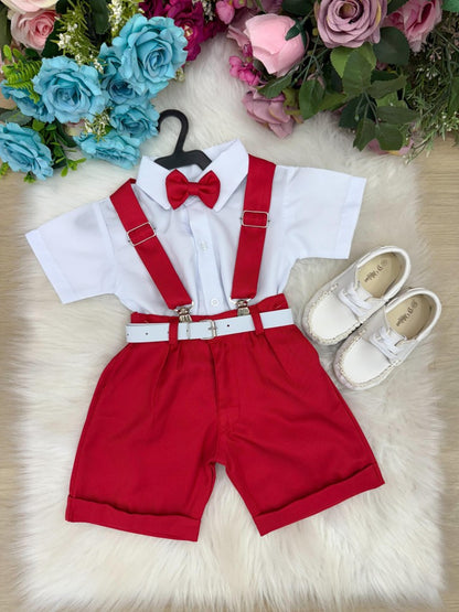 Conjunto Social Infantil Branco em Microfibra com Gravata Preta e Suspensório Preto para Casamento