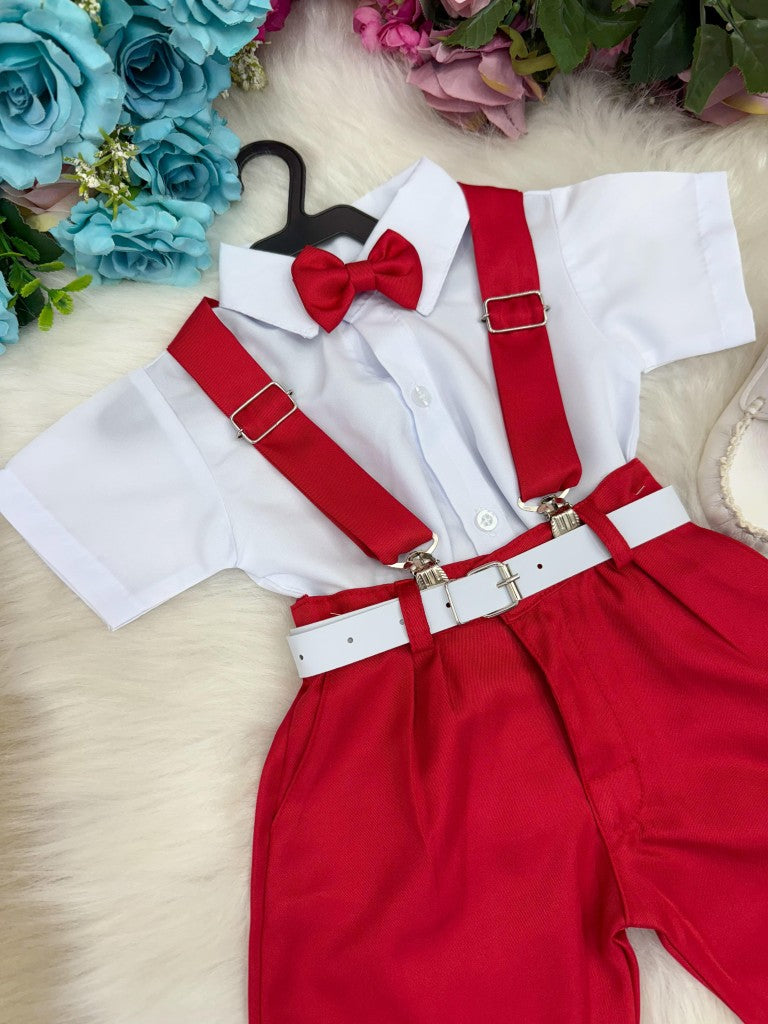 Conjunto Social Infantil Branco em Microfibra com Gravata Preta e Suspensório Preto para Casamento