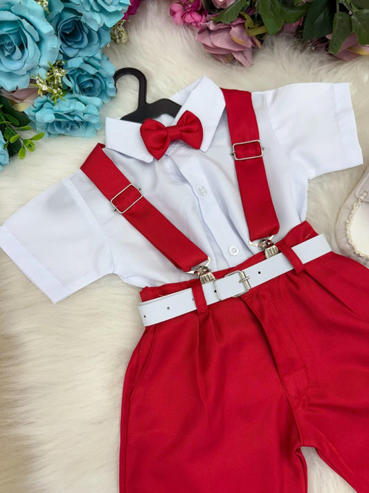 Conjunto Social Infantil Branco em Microfibra com Gravata Preta e Suspensório Preto para Casamento
