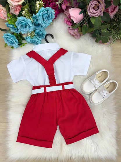 Conjunto Social Infantil Branco em Microfibra com Gravata Preta e Suspensório Preto para Casamento