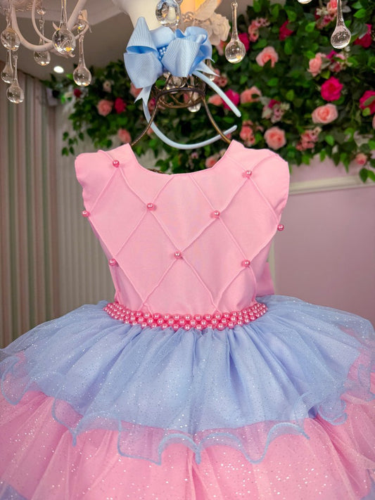 Vestido Infantil Rosa em Poliéster com Babadinho e Gola Redonda para Festa de Aniversário