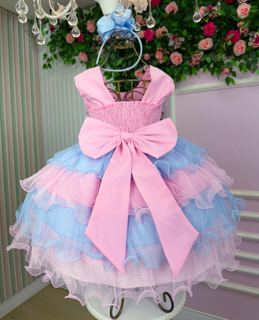 Vestido Infantil Rosa em Poliéster com Babadinho e Gola Redonda para Festa de Aniversário