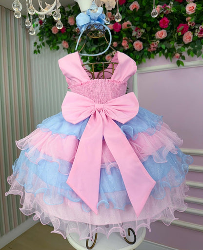 Vestido Infantil Rosa em Poliéster com Babadinho e Gola Redonda para Festa de Aniversário