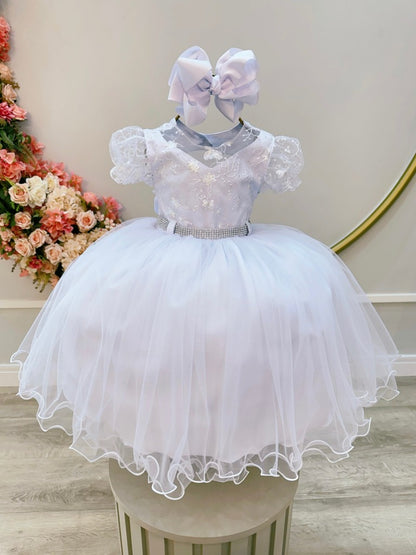Vestido Infantil Branco em Tule com Renda Saia Rodada para Daminhas