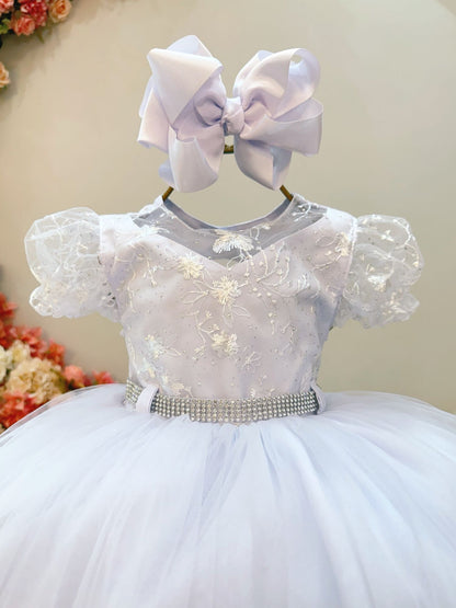 Vestido Infantil Branco em Tule com Renda Saia Rodada para Daminhas