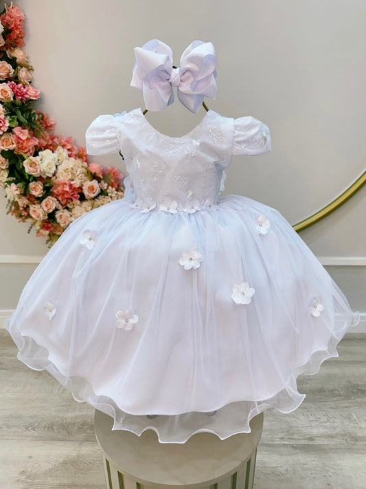 Vestido Infantil Branco em Renda Luxo com Saia Fluída para Festa