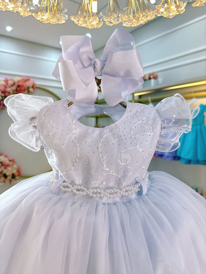 Vestido Infantil Branco em Tule com Renda e Saia Rodada para Batizados