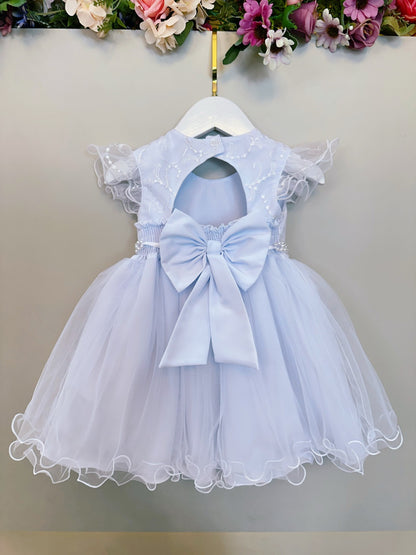 Vestido Infantil Branco em Tule com Renda e Saia Rodada para Batizados