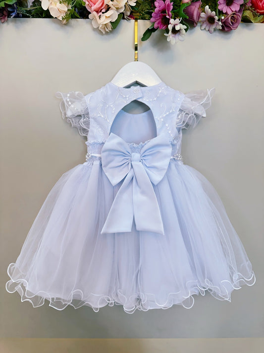 Vestido Infantil Branco em Tule com Renda e Saia Rodada para Batizados