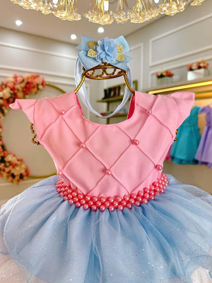 Vestido Infantil Rosa em Busto com Nervura Saia Babados Coloridos para Festa de Aniversário