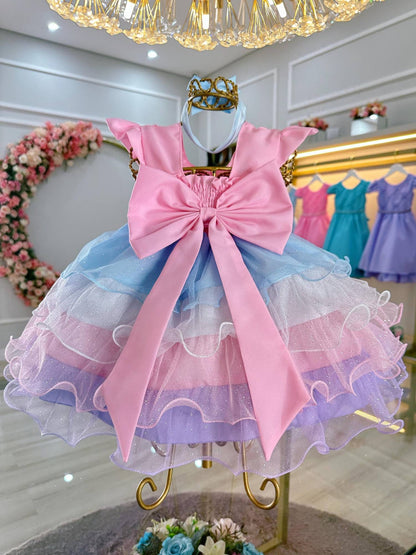 Vestido Infantil Rosa em Busto com Nervura Saia Babados Coloridos para Festa de Aniversário