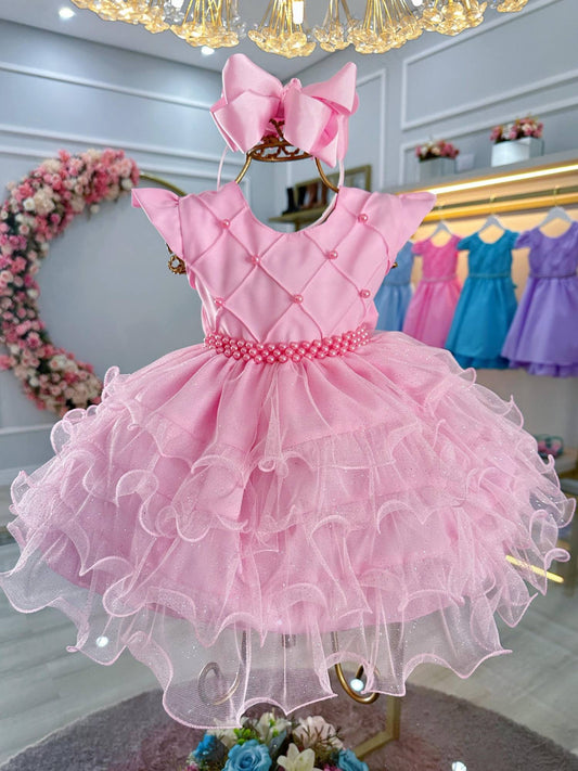 Vestido Infantil Rosa em Tule com Babados Luxuosos para Festa