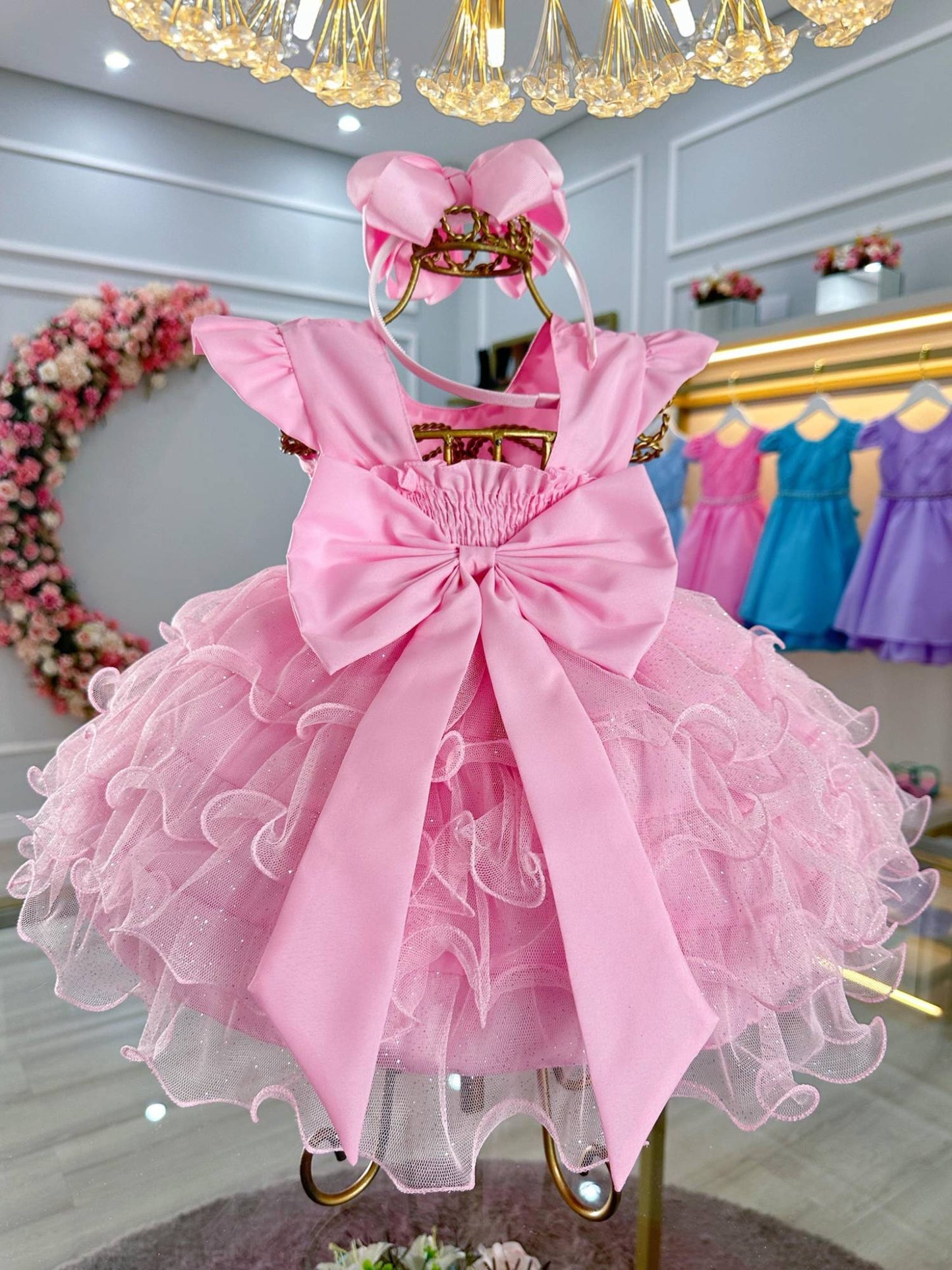 Vestido Infantil Rosa em Tule com Babados Luxuosos para Festa