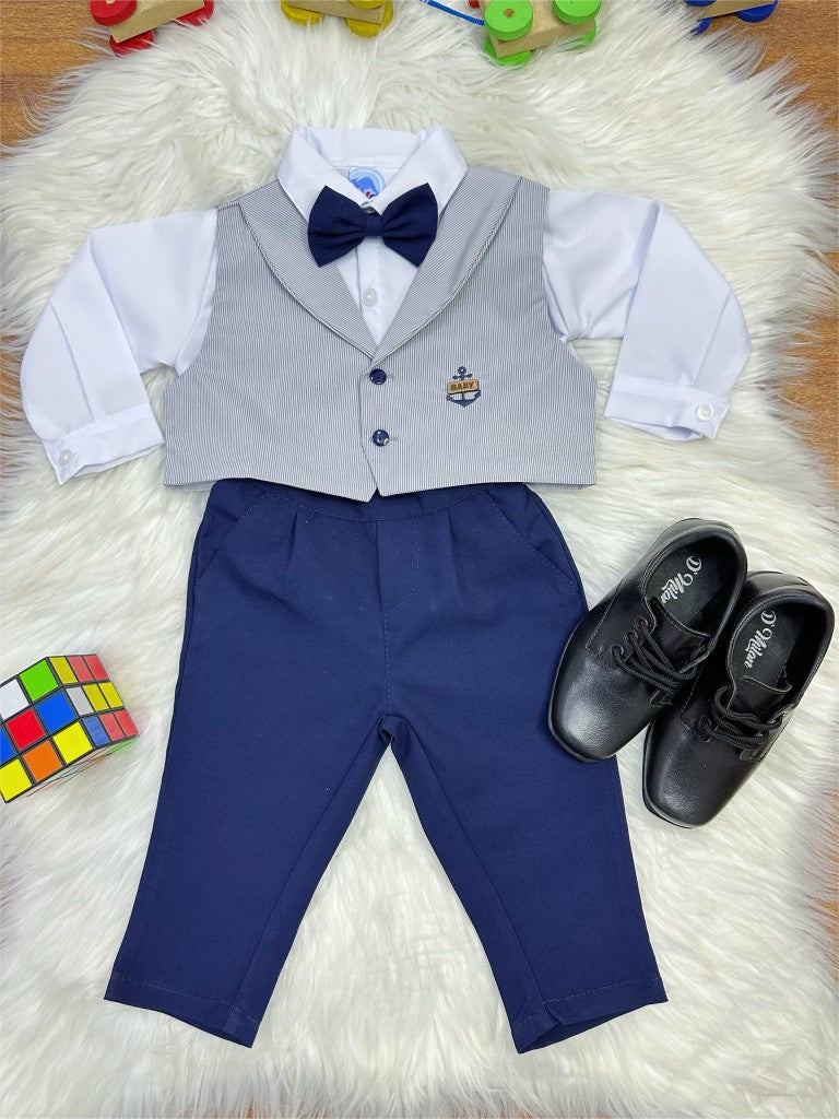 Conjunto Social Infantil Cinza em Algodão com Camisa Branca e Gravata Borboleta para Festa