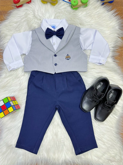 Conjunto Social Infantil Cinza em Algodão com Camisa Branca e Gravata Borboleta para Festa