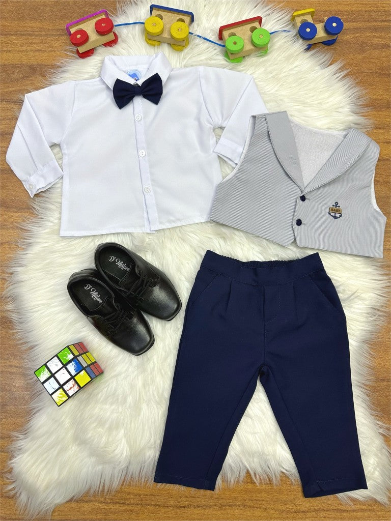 Conjunto Social Infantil Cinza em Algodão com Camisa Branca e Gravata Borboleta para Festa