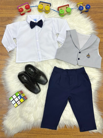 Conjunto Social Infantil Cinza em Algodão com Camisa Branca e Gravata Borboleta para Festa