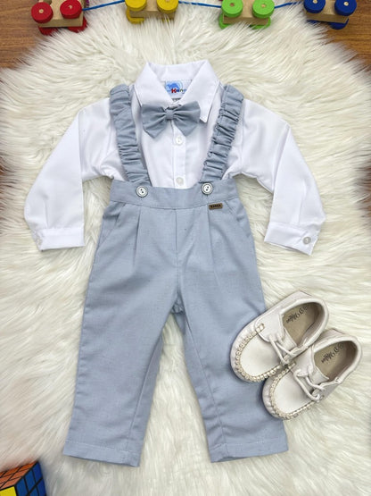 Conjunto Social Infantil Branco em Poliéster com Calça e Gravata Azul para Festa