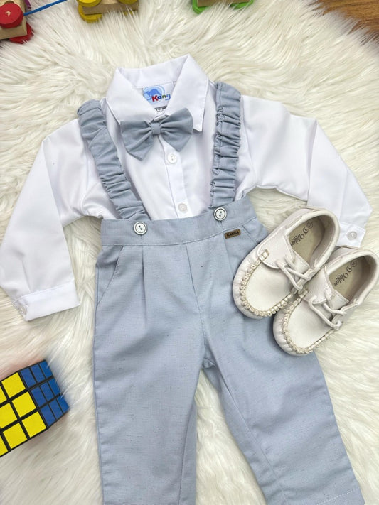 Conjunto Social Infantil Branco em Poliéster com Calça e Gravata Azul para Festa