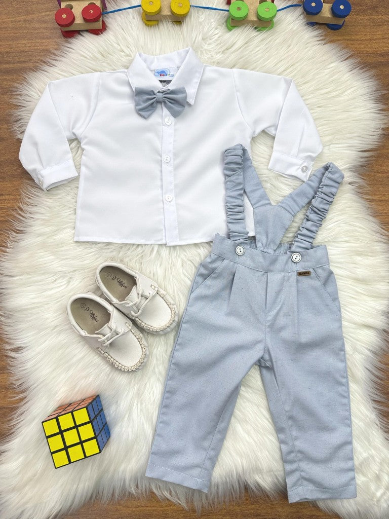 Conjunto Social Infantil Branco em Poliéster com Calça e Gravata Azul para Festa
