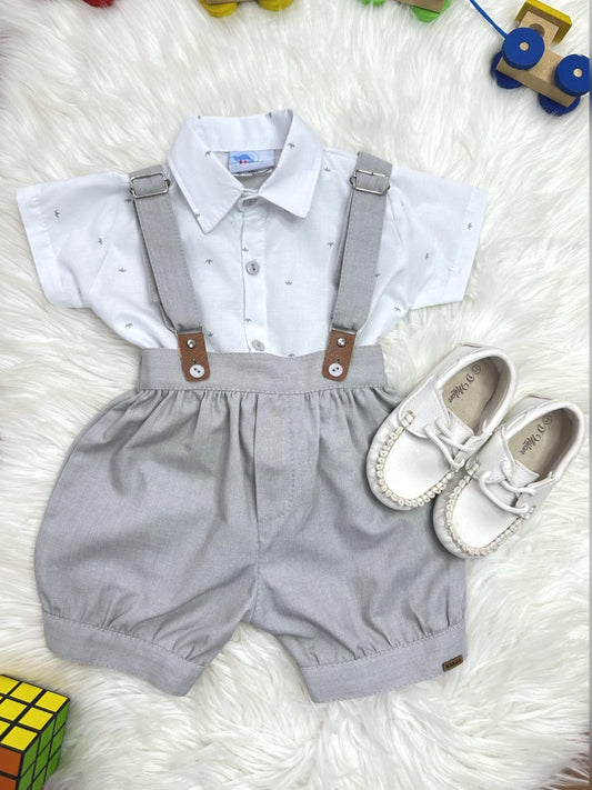 Conjunto Social Infantil Branco em Poliéster com Short Cinza e Gravata Borboleta para Festa