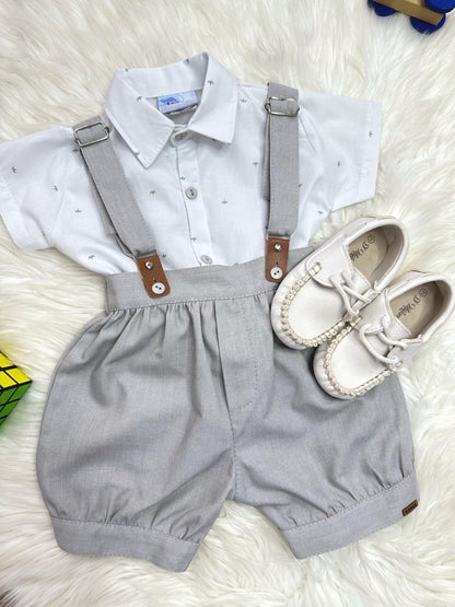 Conjunto Social Infantil Branco em Poliéster com Short Cinza e Gravata Borboleta para Festa