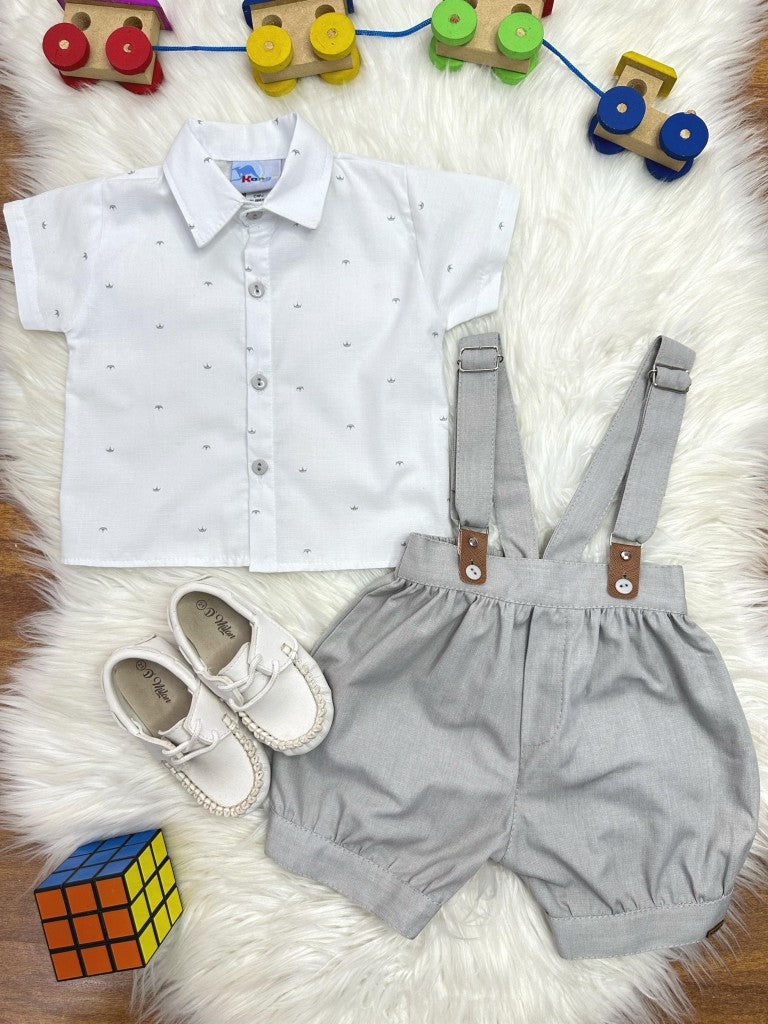 Conjunto Social Infantil Branco em Poliéster com Short Cinza e Gravata Borboleta para Festa