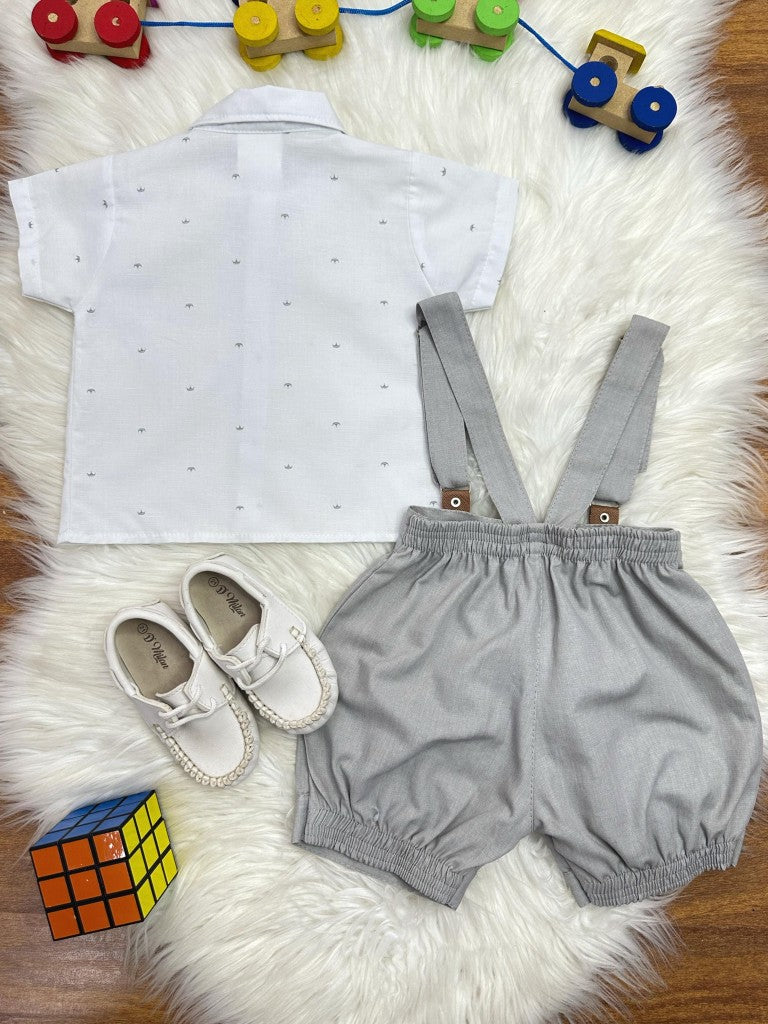 Conjunto Social Infantil Branco em Poliéster com Short Cinza e Gravata Borboleta para Festa