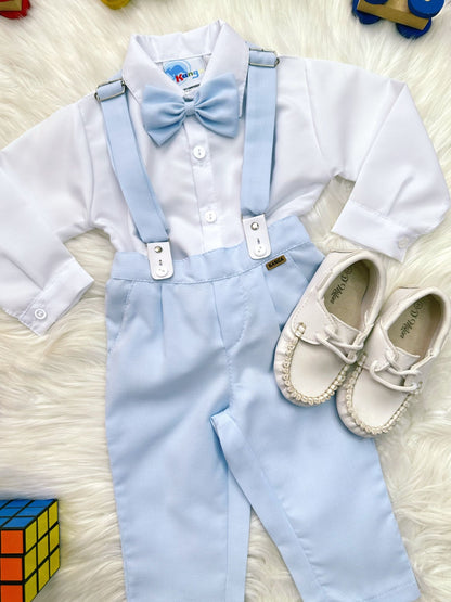 Conjunto Social Infantil Branco em Poliéster com Gravata Borboleta e Suspensório Azul para Festa
