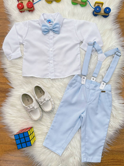 Conjunto Social Infantil Branco em Poliéster com Gravata Borboleta e Suspensório Azul para Festa