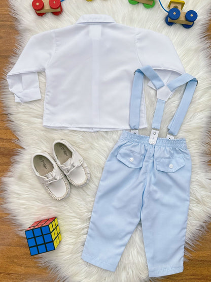 Conjunto Social Infantil Branco em Poliéster com Gravata Borboleta e Suspensório Azul para Festa