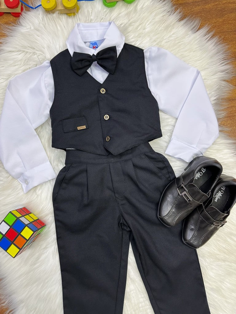 Conjunto Social Infantil Branco em Algodão com Colete Preto e Gravata para Pajem