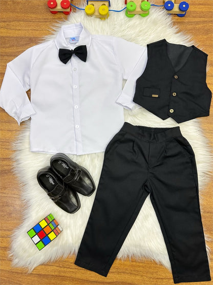 Conjunto Social Infantil Branco em Algodão com Colete Preto e Gravata para Pajem