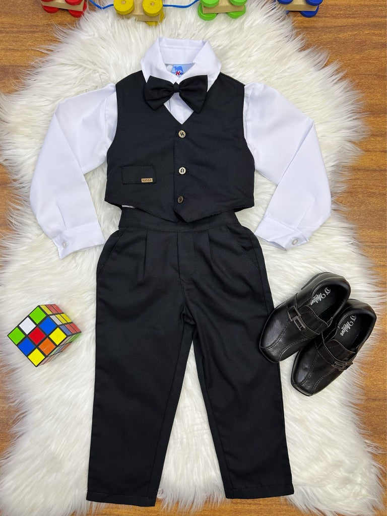 Conjunto Social Infantil Branco em Algodão com Colete Preto e Gravata para Pajem