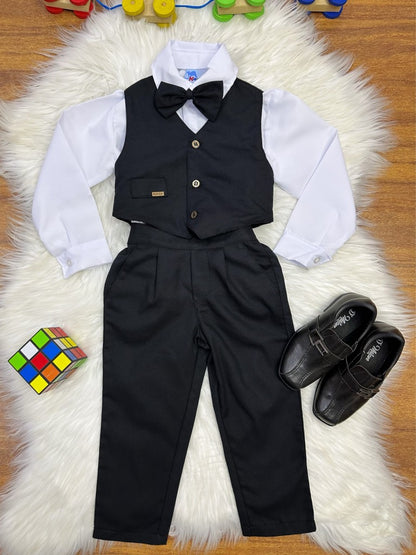 Conjunto Social Infantil Branco em Algodão com Colete Preto e Gravata para Pajem
