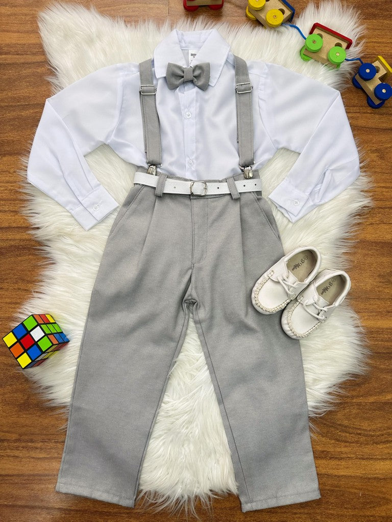 Conjunto Social Infantil Branco em Poliéster e Algodão com Gravata Borboleta e Suspensório para Pajem