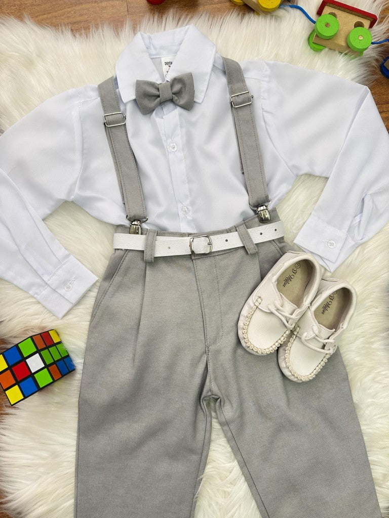 Conjunto Social Infantil Branco em Poliéster e Algodão com Gravata Borboleta e Suspensório para Pajem