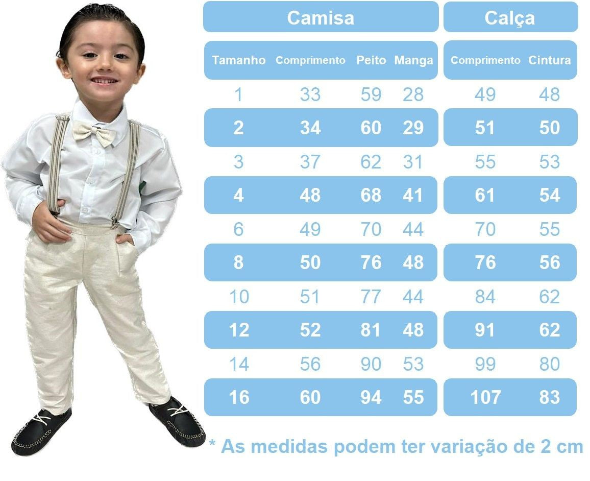 Conjunto Social Infantil Branco em Poliéster e Algodão com Gravata Borboleta e Suspensório para Pajem