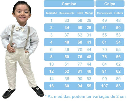Conjunto Social Infantil Branco em Poliéster e Algodão com Gravata Borboleta e Suspensório para Pajem