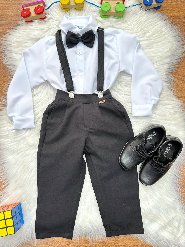 Conjunto Social Infantil Branco em Poliéster com Calça e Suspensório Preto para Pajem