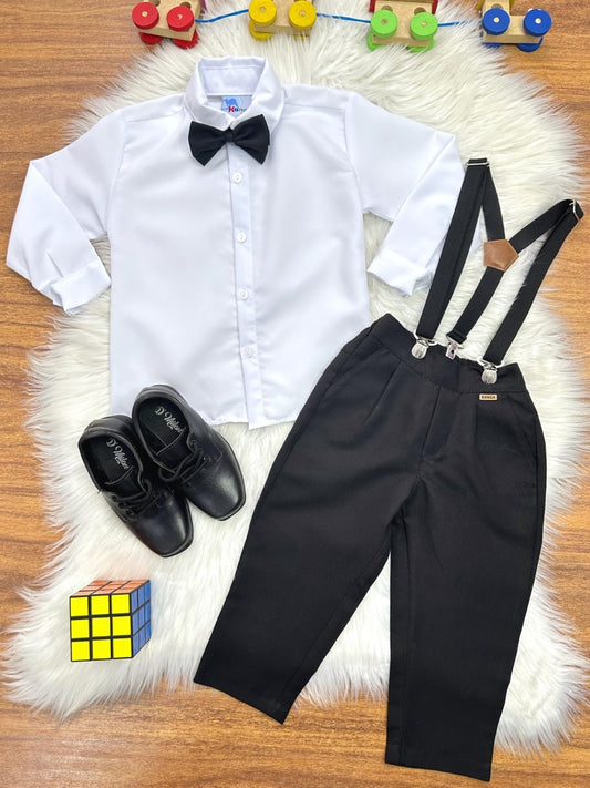 Conjunto Social Infantil Branco em Poliéster com Calça e Suspensório Preto para Pajem