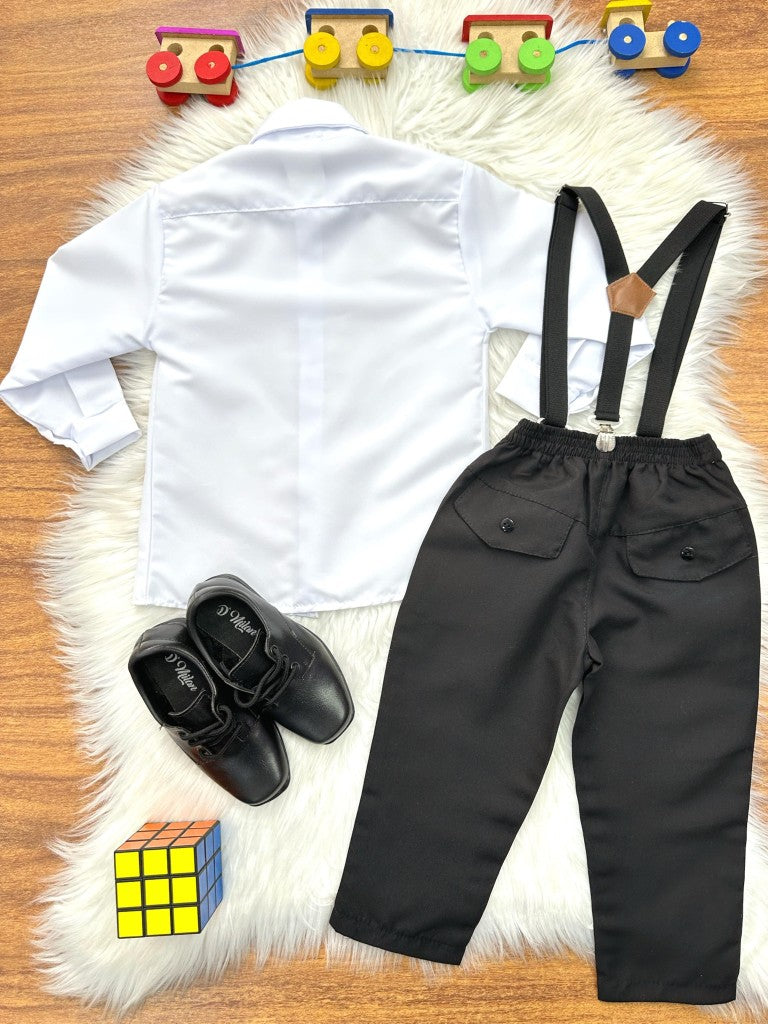 Conjunto Social Infantil Branco em Poliéster com Calça e Suspensório Preto para Pajem
