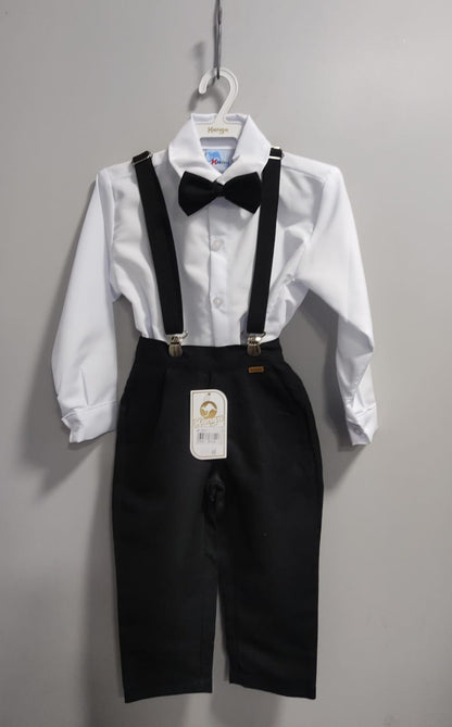 Conjunto Social Infantil Branco em Poliéster com Calça e Suspensório Preto para Pajem