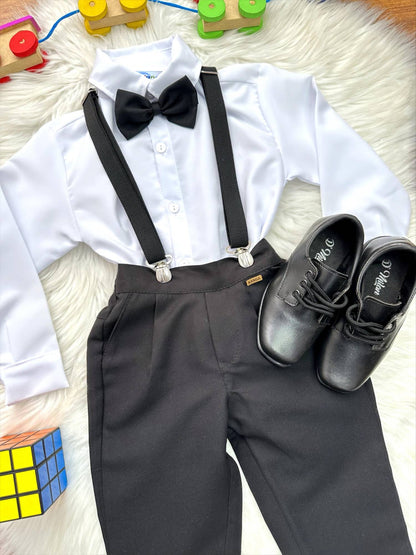 Conjunto Social Infantil Branco em Poliéster com Calça e Suspensório Preto para Pajem